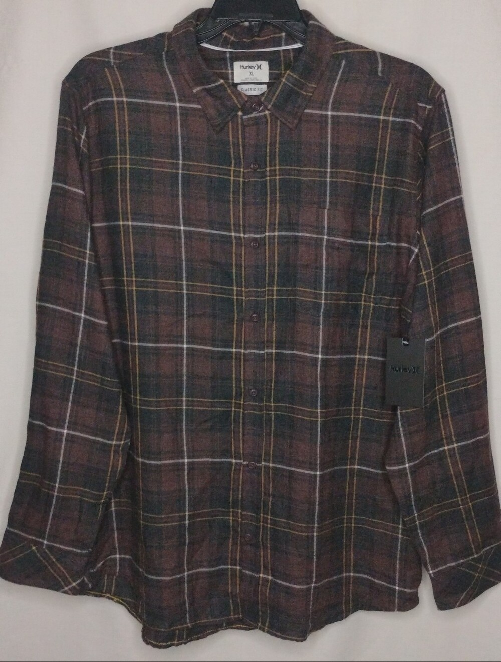 Men's XL Hurley Brown Classic Fit Plaid Flannel Button Up Collared Shirt Woodsy